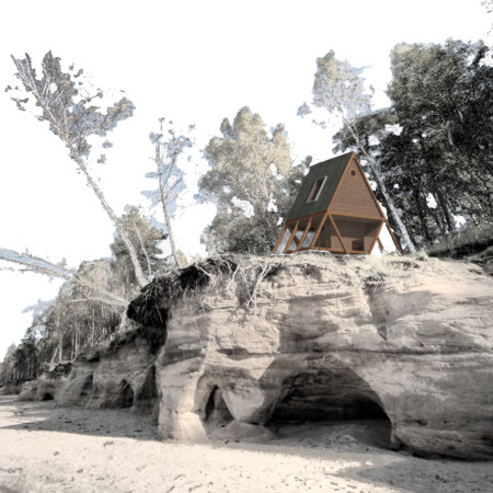 Rainwater Harvesting Cabin Constructed with Local Wood and Charred Shingles