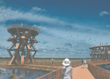 Charred Wooden Shingles and Timber Framework Forming a Tiered Observation Structure in a Natural Landscape