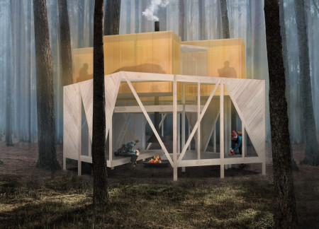 Charred Wooden Shingles and Cross-Laminated Timber Panels Define a Multifunctional Urban Space