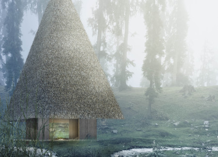 Conical Pavilion Featuring Thatched Straw Roof and Solid Pine Structure for Forest Retreat