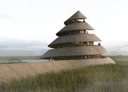Spiral Timber Structure with Thatch Roof Overlooking Wetlands