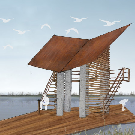 Inverted Roof Structure Crafted in Corten Steel and Cedar Wood for Ecological Observation