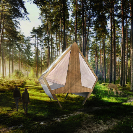 Pyramidal Cabins Elevated on Stilts with Canvas Facades and Timber Cladding