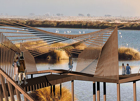 Elevated Platforms of Native Pine Wood Integrate with Marsh Ecosystem for Wildlife Observation