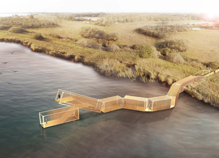 Floating Observation Deck Constructed with Reed Cladding and Shipping Containers Overlooking Lake Pape