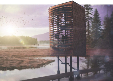 Charred Wooden Shingles Define a Sustainable Observation Tower Integrated into Wetland Ecology