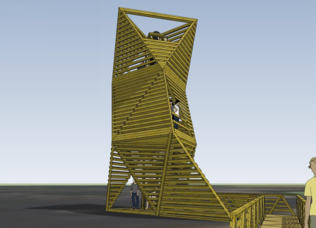 Triangular Timber Structure Integrating Hand-Powered Lift Within Natural Landscape