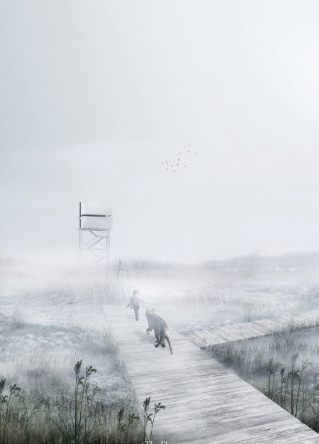 Elevated Observation Space Crafted with Translucent Polycarbonate and Charred Cedar Wood