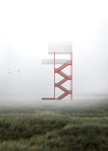 Ethereal Red Metal Observation Structure with Perforated Panels Enhancing Sustainable Viewing Experience