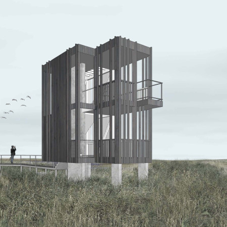 Charred Cedar Cladding Elevates a Birdwatching Tower in a Wetland Environment