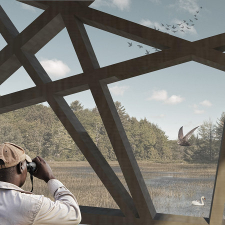 Lattice Framework Enhanced with Timber and Charred Shingles for Ecological Birdwatching Experience
