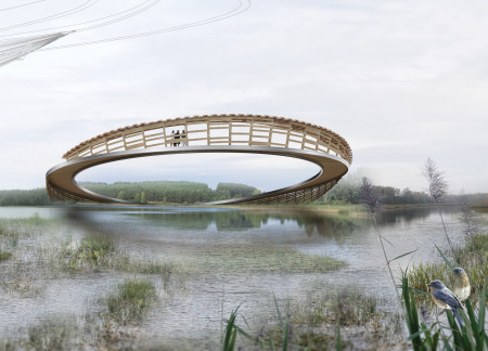 Circular Observation Space Integrating Oak and Steel Within a Natural Setting