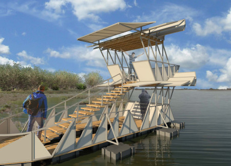 Floating Structure with Aluminum Frame and Softwood Pathways for Interactive Engagement
