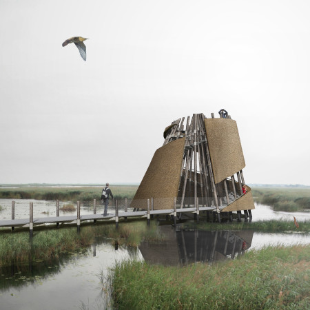 Spiral Observation Tower Framed with Local Timber and Thatch Roofing Overlooking Wetlands
