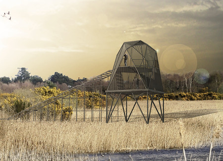 Elevated Observation Platform Crafted from Reeds and Steel Embracing Natural Landscapes