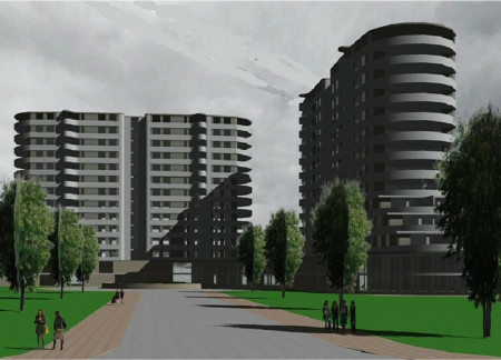 Curvilinear Form Emphasizing Powder-Coated Aluminum and Green Roofing in Urban Mixed-Use Development