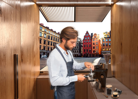 Charred Wooden Shingles and Cross-Laminated Timber Form a Compact Urban Caf&eacute;