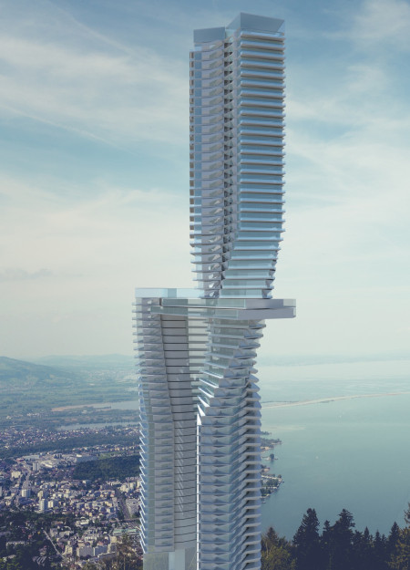 Torqued Glass Facade with Concrete Structure Offering Panoramic Vistas