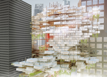 Charred Wooden Shingles and Recycled Concrete Forming a Multifunctional Urban Hub