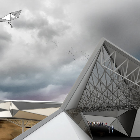 Interlocking Geometric Form Crafted from Steel and Glass in a Mountainous Landscape