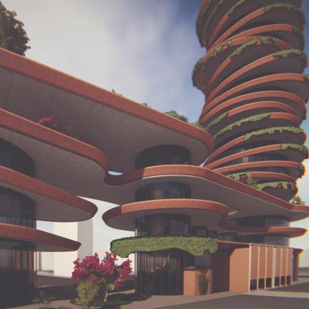 Charred Wooden Shingles and Integrated Green Space in a Sustainable Community Hub