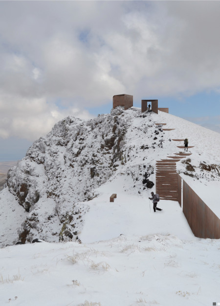 Corten Steel Observation Decks Nestled Within Volcanic Terrain