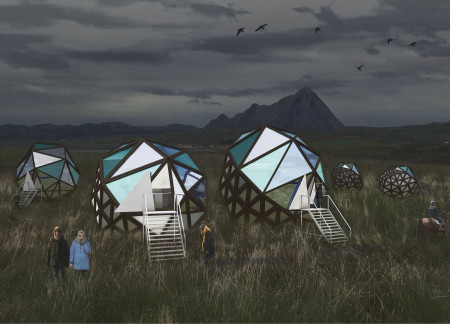 Spherical Retreat Constructed with Geothermal Wood and Expansive Glass for Aurora Observation