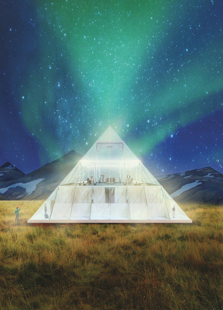 Geothermal Heating and Printed Glass Form a Pyramid Inhabiting the Icelandic Landscape