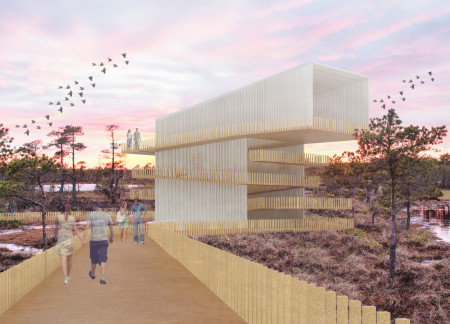 Framed Views of Nature Through Cantilevered Wood Slats and Sustainable Materials