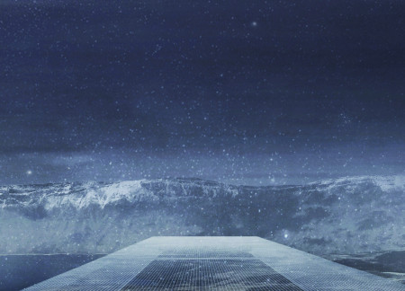 Cantilevered Viewing Platform Crafted from Reinforced Concrete and Metal Mesh Immersed in Volcanic Landscape