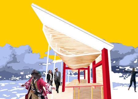 Sculptural Coffee Cart Enhanced by Plywood and Red Accents for Urban Engagement