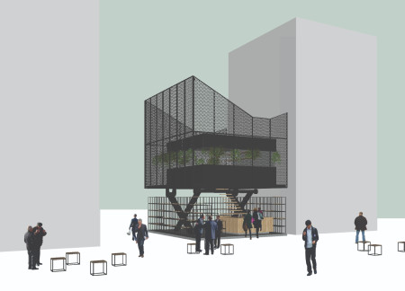 Elevated Community Space with Expanded Metal Facade and Natural Timber Elements