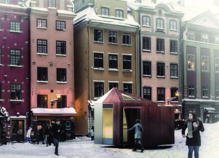 Brushed Aluminum and Laminated Wood Structure Enhancing Urban Coffee Experience