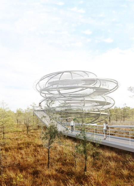 Steel and Aluminum Viewing Tower Embracing Natural Landscape with Organic Form
