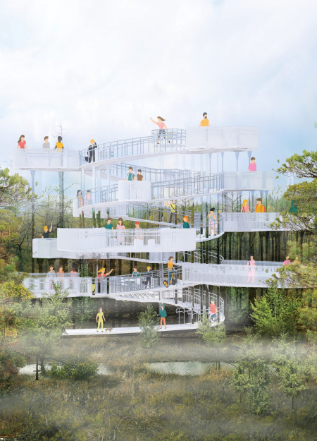 Spiral Ramp Structure with Transparent Glass Elements and Durable Concrete Integration