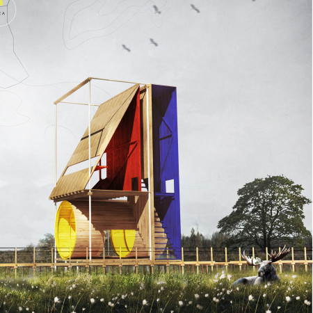 Colorful Geometry and Pine Wood Integration in an Observation Structure Within a National Park