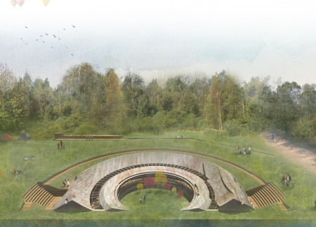 A Circular Sunken Courtyard Pavilion with Stepped Roof Gardens