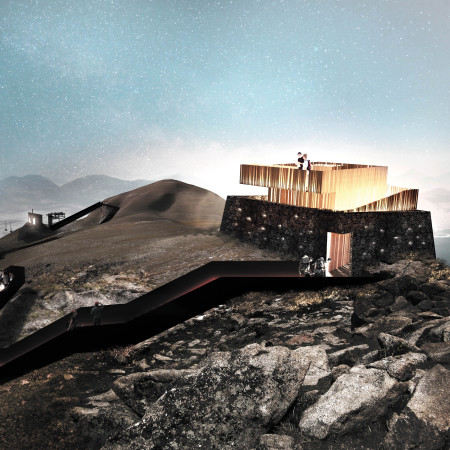 Corten Steel Footbridge and Reclaimed Timber Observation Point Amidst Volcanic Landscape