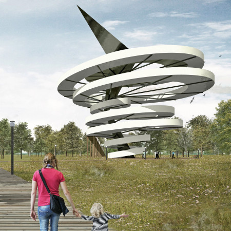 Spiral Observation Tower Crafted with Composite Panels and Sustainable Wood for Nature Immersion