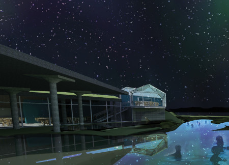 Floating Geothermal Bathhouses with Glass Walls and Sustainable Wooden Structures Overlooking Natural Landscapes