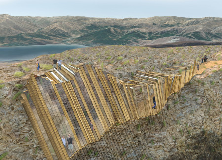 Charred Wooden Shingles Forming Elevated Pathways in a Scenic Observation Space