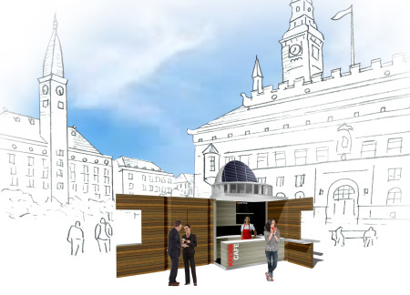 Rotating Solar Silo and Charred Wood Facade in a Compact Urban Coffee Kiosk