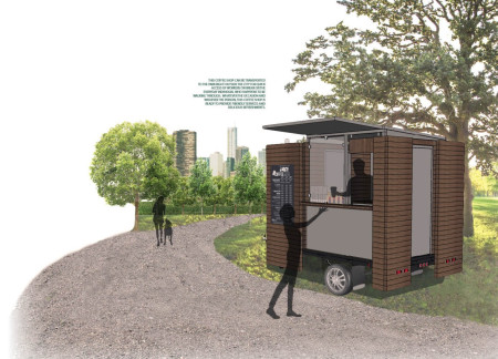 Folding Roof Structure Utilizing Wood Cladding for Mobile Coffee Service