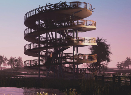 Spiral Ramp Structure Crafted from Local Oak with Galvanized Steel Support in a Natural Landscape