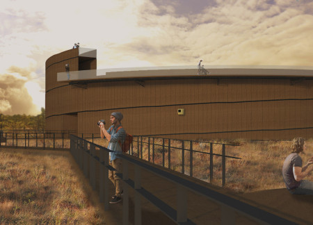 Ramp-Access Observation Tower Designed with Pine Wood and Waterproof Steel to Enhance Immersion in Natural Landscape