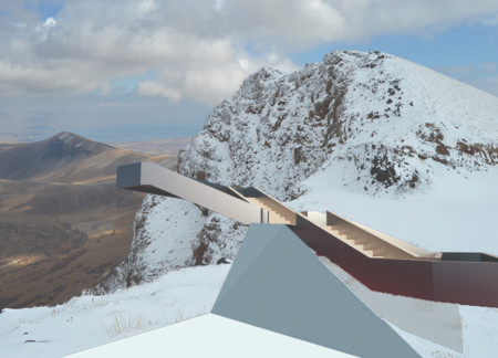 Zigzagging Viewing Platform Constructed with Regional Stone and Reinforced Concrete in a Volcanic Landscape