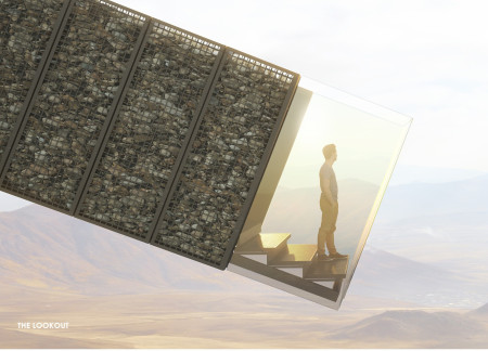 Cantilevered Observation Platform with Gabion Construction over Volcanic Landscape