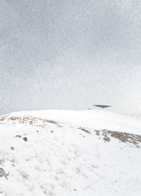 Patina-Covered Lookout Featuring Steel and Glass Stations in Mountainous Terrain