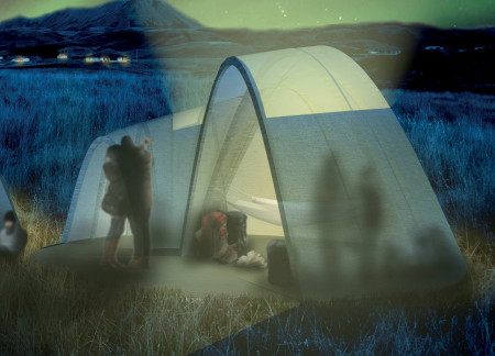 Curved Timber Structures Enhanced by Weathered Copper Reflecting the Northern Lights