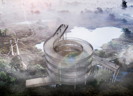 Corten Steel Railings and Tapered Timber Columns Frame an Accessible Spiral Observation Tower